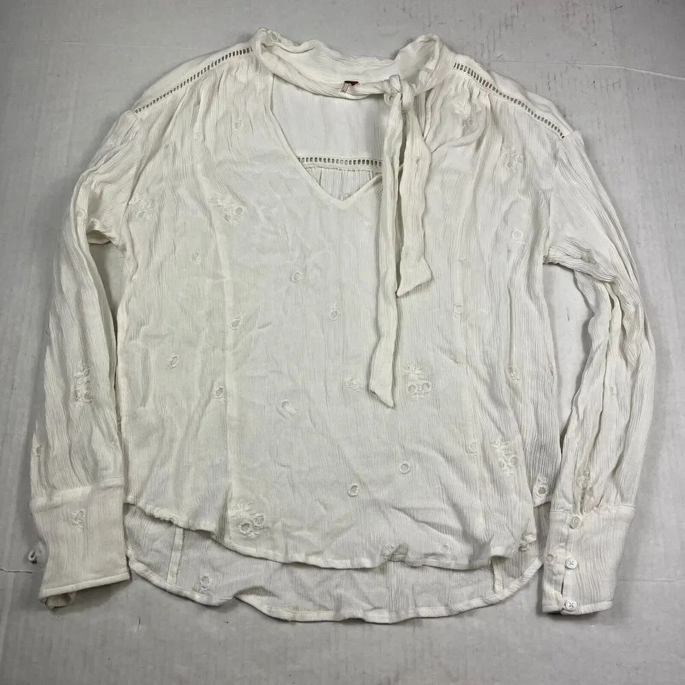 Free People Tie Neck Blouse Ivory V-Neck Embroidered Loose Fit Shirt SMALL FLAW